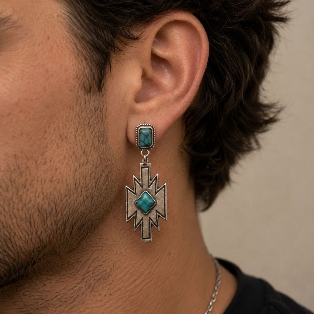 Thunderbird Drop Earrings Silver Tone Faux Turquoise Stone
